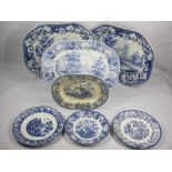 BLUE & WHITE MEAT PLATTERS & PLATES - a quantity to include 47cm platters (2) showing a farmer