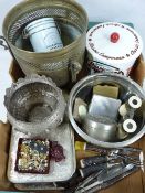 INDIAN WHITE METAL BOWL, brass three footed planter, costume jewellery earrings and other mixed