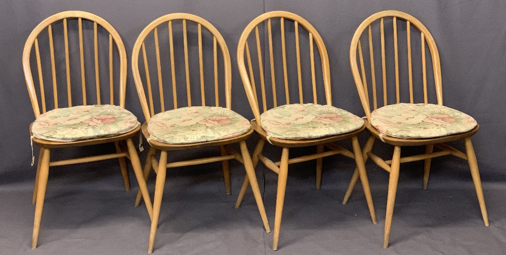 ERCOL LIGHT ELM DROP-LEAF DINING TABLE & FOUR HOOP SPINDLE BACK CHAIRS - original blue labels - Image 6 of 7