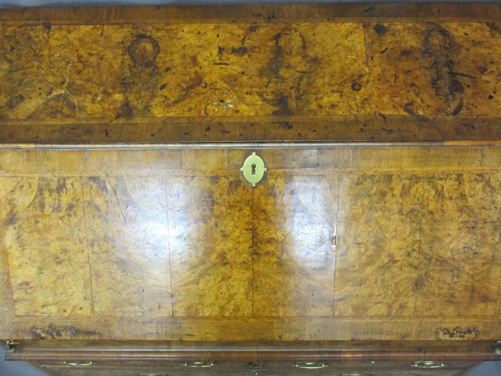 GEORGE III WALNUT FALL FRONT BUREAU - having later replacements, crossbanded burr walnut sectional - Image 4 of 8