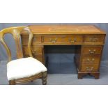 REPRODUCTION YEW WOOD TWIN PEDESTAL DESK and a vintage upholstered seat side chair, the desk