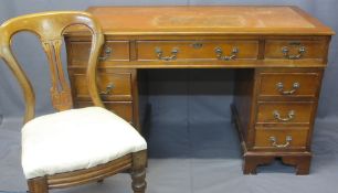 REPRODUCTION YEW WOOD TWIN PEDESTAL DESK and a vintage upholstered seat side chair, the desk