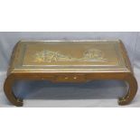 CHINESE CARVED HARDWOOD COFFEE TABLE - glass top insert and single side drawer on shaped end