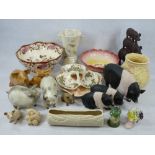 MIXED POTTERY, PORCELAIN with a quantity of carved wooden and composite pig figurines, the pottery