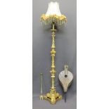 ROCOCO STYLE GILT DECORATED STANDARD LAMP WITH SHADE, vintage oak fire bellows and an extending