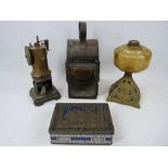 VINTAGE LIGHTING & OTHER METAL WARE to include a lantern style carriage lamp, glass font oil lamp on