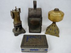 VINTAGE LIGHTING & OTHER METAL WARE to include a lantern style carriage lamp, glass font oil lamp on