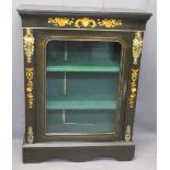 INLAID EBONISED SINGLE DOOR SIDE CABINET - with gilt metal mounts, 105cms H, 81cms W, 31cms D