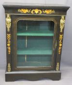 INLAID EBONISED SINGLE DOOR SIDE CABINET - with gilt metal mounts, 105cms H, 81cms W, 31cms D