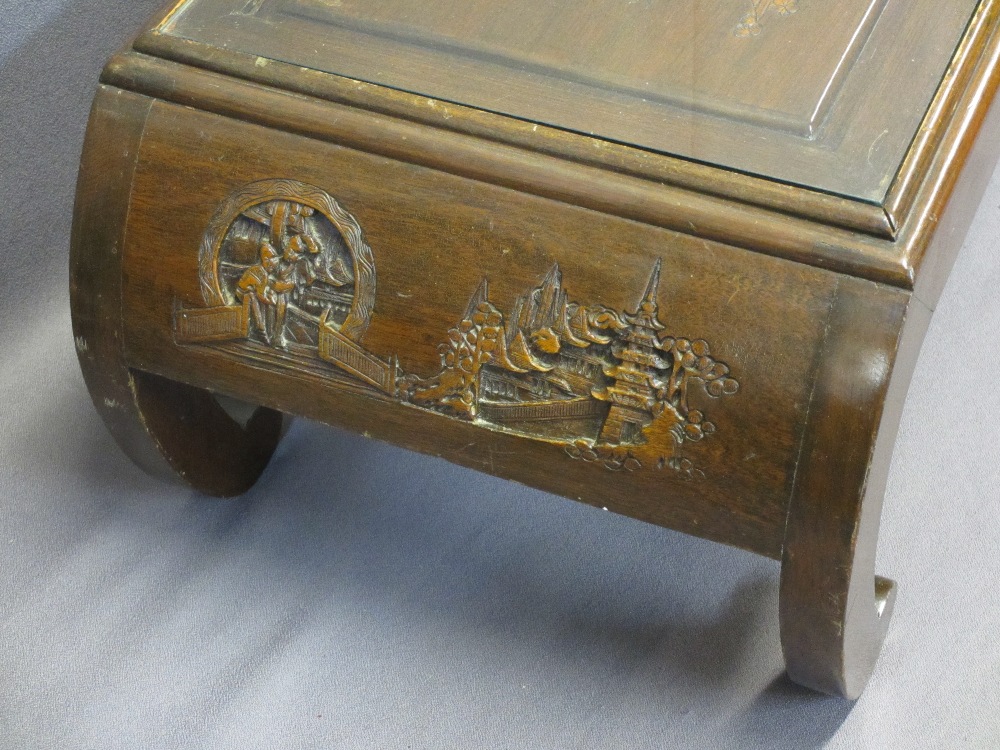 CHINESE CARVED HARDWOOD COFFEE TABLE - glass top insert and single side drawer on shaped end - Image 3 of 6