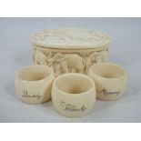 IVORY NAPKIN RINGS (3) - each decorated with an animal and inscribed 'Wendy, Mummy, Daddy' and the
