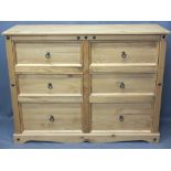 MODERN MEXICAN PINE SIX DRAWER BEDROOM CHEST - with iron ring pull handles, 103cms H, 135cms W, 48.