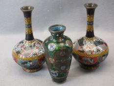 JAPANESE CLOISONNE VASES, A PAIR plus one other bottle shaped pair of narrow necked vases, 19cms