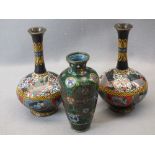 JAPANESE CLOISONNE VASES, A PAIR plus one other bottle shaped pair of narrow necked vases, 19cms