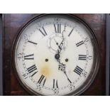 CIRCA 1840 CROSSBANDED OAK CIRCULAR DIAL LONGCASE CLOCK - 33cms diameter dial set with Roman