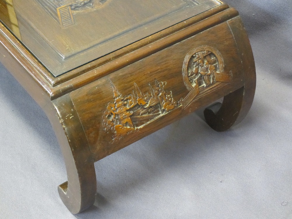 CHINESE CARVED HARDWOOD COFFEE TABLE - glass top insert and single side drawer on shaped end - Image 4 of 6