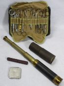 VINTAGE THREE DRAW POCKET TELESCOPE & A GP's ZIP UP CASE SET OF INSTRUMENTS, ETC