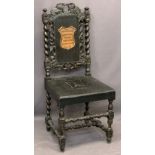 VICTORIAN CARVED OAK HALL CHAIR - with applied copper effect Eisteddfod plaque reading 'Eisteddfod