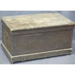 CIRCA 1900 PINE CAPTAIN'S CHEST - with iron lock and side carry handles and brass castors, 50cms