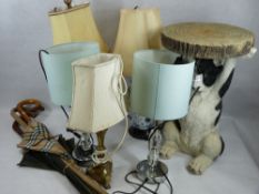 DECORATIVE TABLE LAMPS & SHADES, composite bulldog garden seat along with two brollies and two