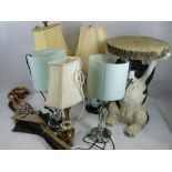 DECORATIVE TABLE LAMPS & SHADES, composite bulldog garden seat along with two brollies and two