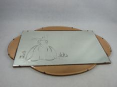 GOOD ART DECO WALL MIRROR - in pink and clear glass with bevelled edging and wheel cut crinoline