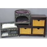 MICHUR WICKER PET BEDS (2) with a modern dark wood stepped unit with three wicker drawers, 46cms