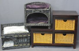 MICHUR WICKER PET BEDS (2) with a modern dark wood stepped unit with three wicker drawers, 46cms