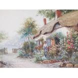 J HUGHES CLAYTON watercolour - thatched cottage with woman in the garden, signed lower left, 28 x