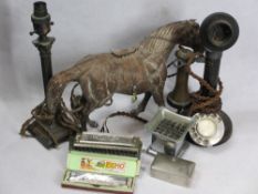 MIXED COLLECTABLES GROUP - leatherwork horse, 29cms H, 36cms L, candlestick type vintage