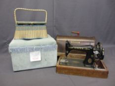 VINTAGE SINGER HAND CRANK SEWING MACHINE, CASED, wicker sewing basket and contents and a button