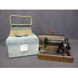 VINTAGE SINGER HAND CRANK SEWING MACHINE, CASED, wicker sewing basket and contents and a button