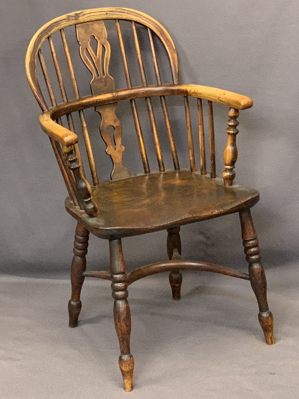 CIRCA 1840 ASH & ELM WINDSOR ARMCHAIR with crinoline stretcher, good warm colour and wear having a - Image 2 of 3