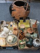 MIXED POTTERY & CHINA (2 boxes) plus a large pottery planter with applied palm leaf and rope detail