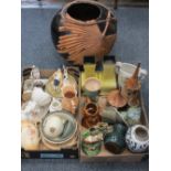 MIXED POTTERY & CHINA (2 boxes) plus a large pottery planter with applied palm leaf and rope detail