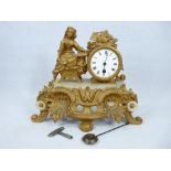 19TH CENTURY FRENCH GILT METAL MANTEL CLOCK - cast Rococo style with white marble surmounted with