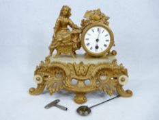 19TH CENTURY FRENCH GILT METAL MANTEL CLOCK - cast Rococo style with white marble surmounted with