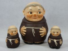 GOEBELS MONKS, THREE ITEMS including a biscuit box and cover, 23cms H, small jar and cover and a