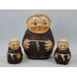 GOEBELS MONKS, THREE ITEMS including a biscuit box and cover, 23cms H, small jar and cover and a