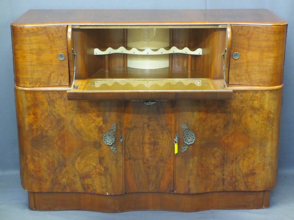 ART DECO STYLE WALNUT COCKTAIL SIDEBOARD with shaped drop-down front fall and decorative interior