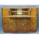 ART DECO STYLE WALNUT COCKTAIL SIDEBOARD with shaped drop-down front fall and decorative interior