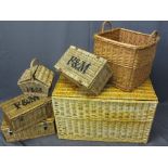 FORTNUM & MASON WITH OTHER PICNIC BASKETS, two handled log basket and a lidded wicker blanket chest,