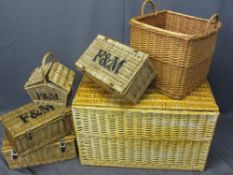 FORTNUM & MASON WITH OTHER PICNIC BASKETS, two handled log basket and a lidded wicker blanket chest,