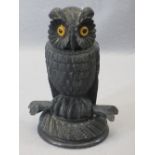 VICTORIAN IRISH BOG OAK NOVELTY INKWELL - in the form of a standing owl on a branch having well