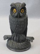 VICTORIAN IRISH BOG OAK NOVELTY INKWELL - in the form of a standing owl on a branch having well