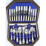 OAK CASED HARLEQUIN QUANTITY OF HALLMARKED SILVER FLATWARE and bone handled Sheffield plate
