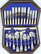 OAK CASED HARLEQUIN QUANTITY OF HALLMARKED SILVER FLATWARE and bone handled Sheffield plate