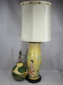 JAPANESE REVERSE DECORATED GLASS LAMP - on carved wooden base with shade and a globular pottery