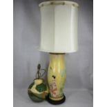 JAPANESE REVERSE DECORATED GLASS LAMP - on carved wooden base with shade and a globular pottery