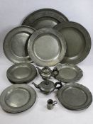 ANTIQUE PEWTER WARE, London and other touch marks, 20 items to include a 46cms diameter charger,